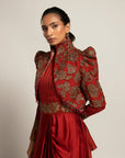 Elysian Maroon Draped Gown Saree With Short Jacket