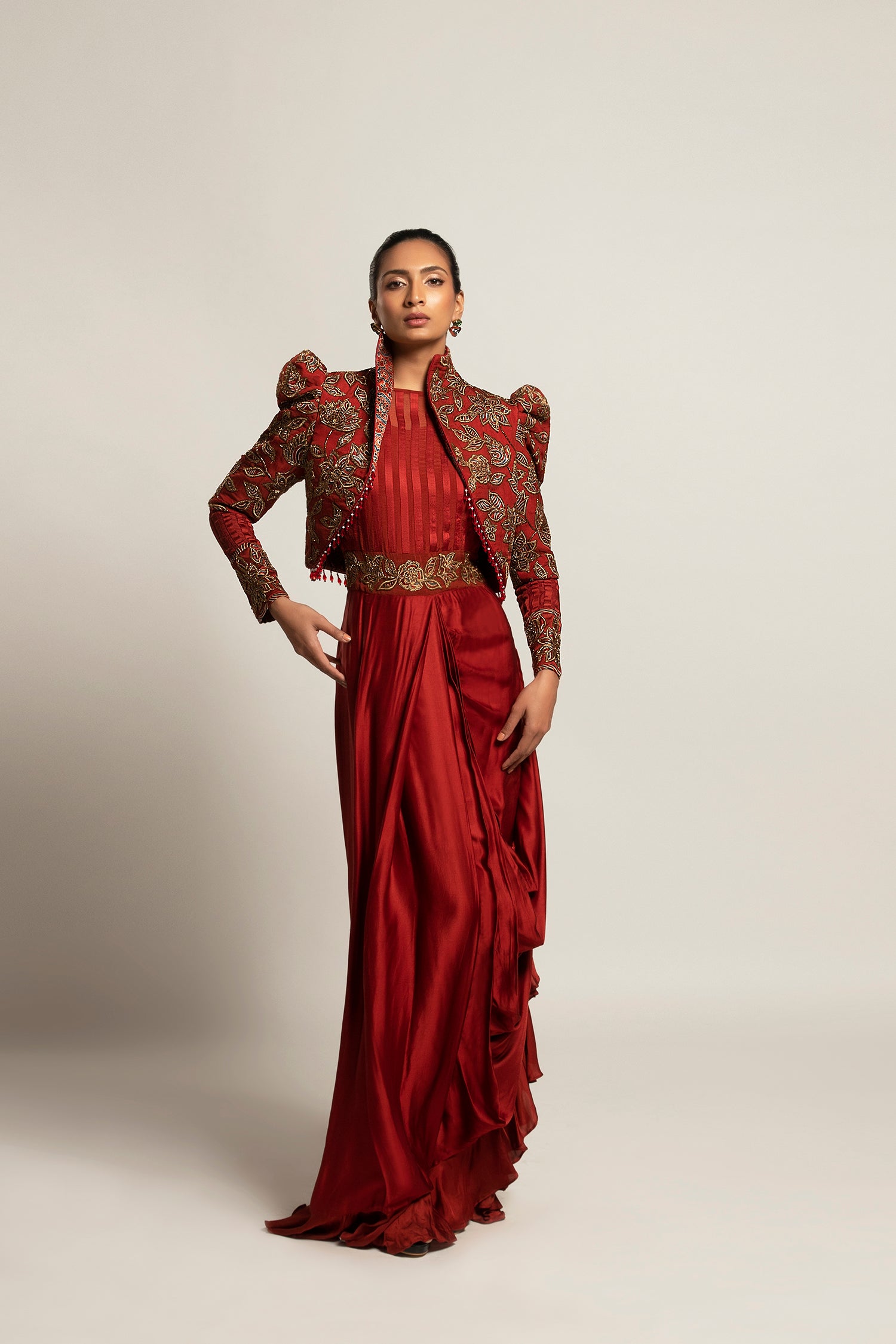 Elysian Maroon Draped Gown Saree With Short Jacket