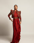 Elysian Maroon Draped Gown Saree With Short Jacket