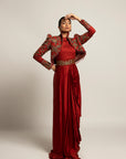 Elysian Maroon Draped Gown Saree With Short Jacket