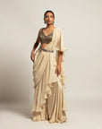 Spiffy Ivory Attached Dupatta & Pants With Blouse And Quilted Waistband