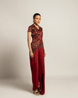 Luscious Maroon Jacket With Drape Skirt Styled Up With The Ruffled Dupatta