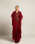 Luscious Maroon Jacket With Drape Skirt Styled Up With The Ruffled Dupatta