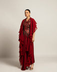 Luscious Maroon Jacket With Drape Skirt Styled Up With The Ruffled Dupatta