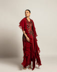 Luscious Maroon Jacket With Drape Skirt Styled Up With The Ruffled Dupatta