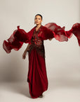 Luscious Maroon Jacket With Drape Skirt Styled Up With The Ruffled Dupatta