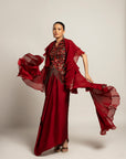Luscious Maroon Jacket With Drape Skirt Styled Up With The Ruffled Dupatta