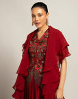 Luscious Maroon Jacket With Drape Skirt Styled Up With The Ruffled Dupatta