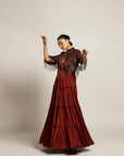 Bonza Maroon Tiered Dress With Cape Jacket