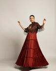 Bonza Maroon Tiered Dress With Cape Jacket