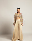 Lustrous Ivory Bralette & Flare Pants With Ivory Organza Jacket
