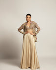 Lustrous Ivory Bralette & Flare Pants With Ivory Organza Jacket