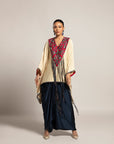Ahami Beige Kaftan With Navy Blue Drape Skirt