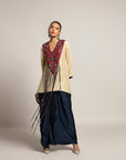 Ahami Beige Kaftan With Navy Blue Drape Skirt