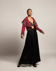 Unequaled Black Bralet & Fuscia Pink Cape Jacket With Royal Black Pleated Pants