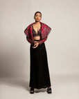 Unequaled Black Bralet & Fuscia Pink Cape Jacket With Royal Black Pleated Pants