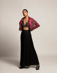 Unequaled Black Bralet & Fuscia Pink Cape Jacket With Royal Black Pleated Pants