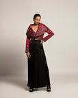 Unequaled Black Bralet & Fuscia Pink Cape Jacket With Royal Black Pleated Pants