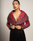 Unequaled Black Bralet & Fuscia Pink Cape Jacket With Royal Black Pleated Pants