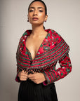 Unequaled Black Bralet & Fuscia Pink Cape Jacket With Royal Black Pleated Pants