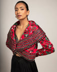 Unequaled Black Bralet & Fuscia Pink Cape Jacket With Royal Black Pleated Pants