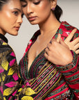 Unequaled Black Bralet & Fuscia Pink Cape Jacket With Royal Black Pleated Pants