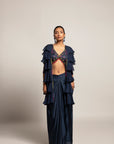 Ravishing Navy Blue Blouse And Drape Skirt With Fine Layered Organza Jacket