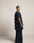 Ravishing Navy Blue Blouse And Drape Skirt With Fine Layered Organza Jacket