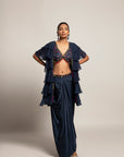 Ravishing Navy Blue Blouse And Drape Skirt With Fine Layered Organza Jacket