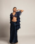 Ravishing Navy Blue Blouse And Drape Skirt With Fine Layered Organza Jacket