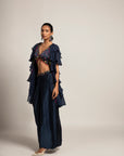 Ravishing Navy Blue Blouse And Drape Skirt With Fine Layered Organza Jacket