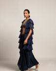 Ravishing Navy Blue Blouse And Drape Skirt With Fine Layered Organza Jacket