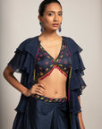 Ravishing Navy Blue Blouse And Drape Skirt With Fine Layered Organza Jacket