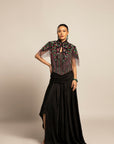 Glided Black Corset With Drape Skirt And Capelet Jacket