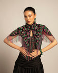 Glided Black Corset With Drape Skirt And Capelet Jacket