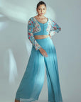 Sequin Embroidered Crop Top and Flared Pants Fusion Set - Blue