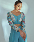 Sequin Embroidered Crop Top and Flared Pants Fusion Set - Blue