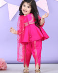 Potli Button Detail Front Open Pink Kurti and Dhoti with Net Dupatta