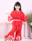 Stylish Pleated Red Top and Embriodered Palazzo with Detachable Belt