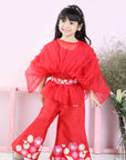 Stylish Pleated Red Top and Embriodered Palazzo with Detachable Belt