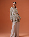 Silver Soiree Jacket With Pre-Draped Pants With Bustier