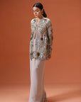 Silver Soiree Jacket With Pre-Draped Pants With Bustier
