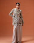 Silver Soiree Jacket With Pre-Draped Pants With Bustier