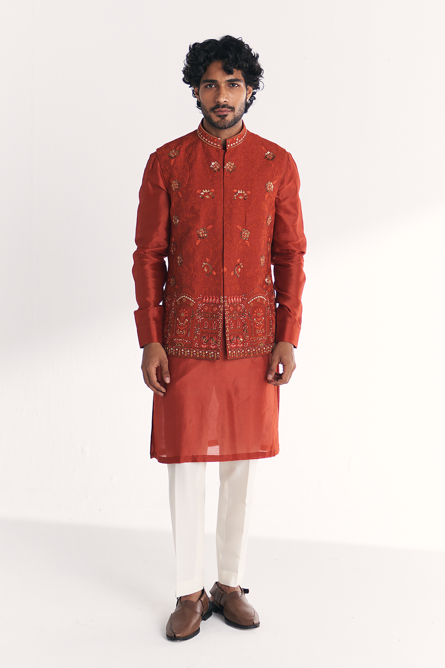 Shamsi Rust Nehru Jacket Set