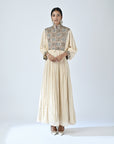 Beige Ajrakh Embellished Butterfly Sleeve Gathered Dress