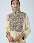 Beige Ajrakh Embellished Butterfly Sleeve Gathered Dress