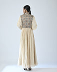 Beige Ajrakh Embellished Butterfly Sleeve Gathered Dress