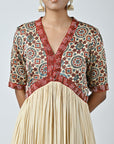 Ajrakh Embellished V Neck Gathered Dress