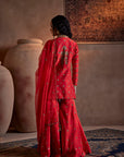 Tomato Red Hand Embroidered Sharara Set