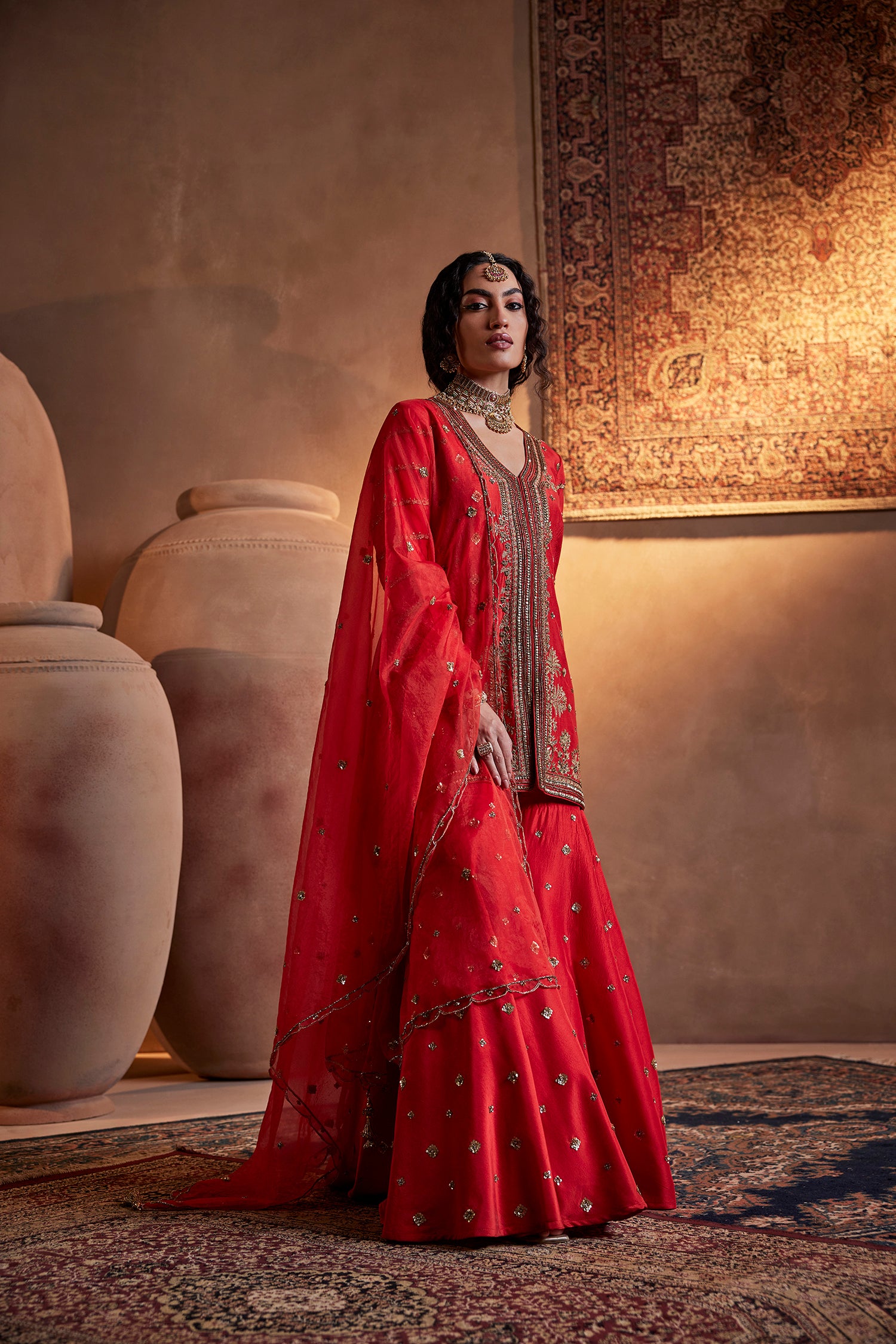 Tomato Red Hand Embroidered Sharara Set